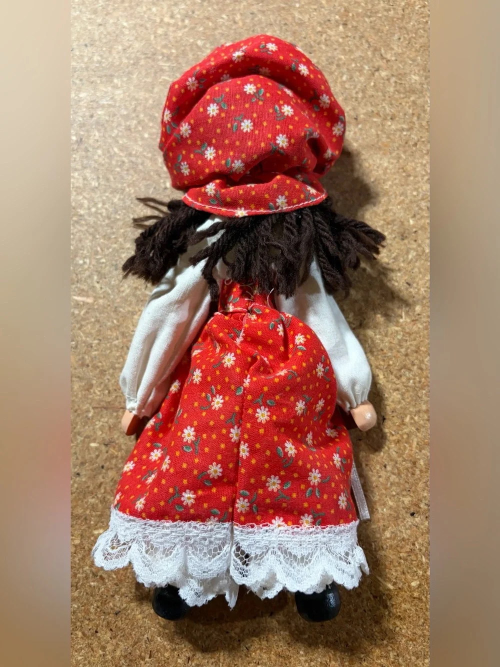 Vintage Polish Wooden Peg Doll Girl Floral Dress Folk Art